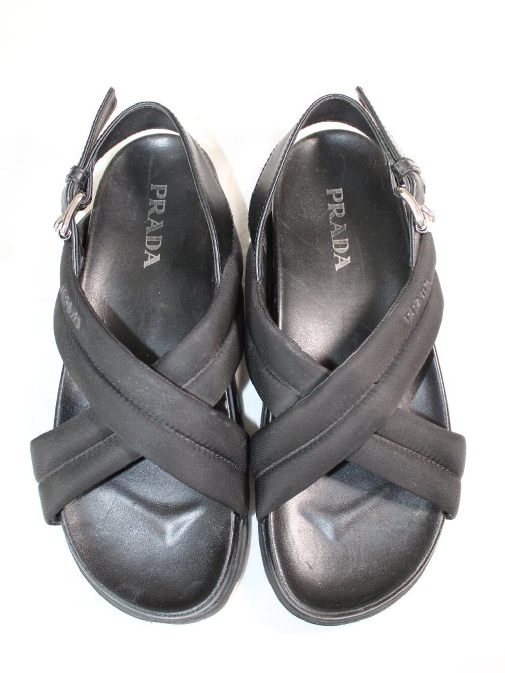 PRADA Crisscross Slingback Flats Logo Hardware Sandals 39.5